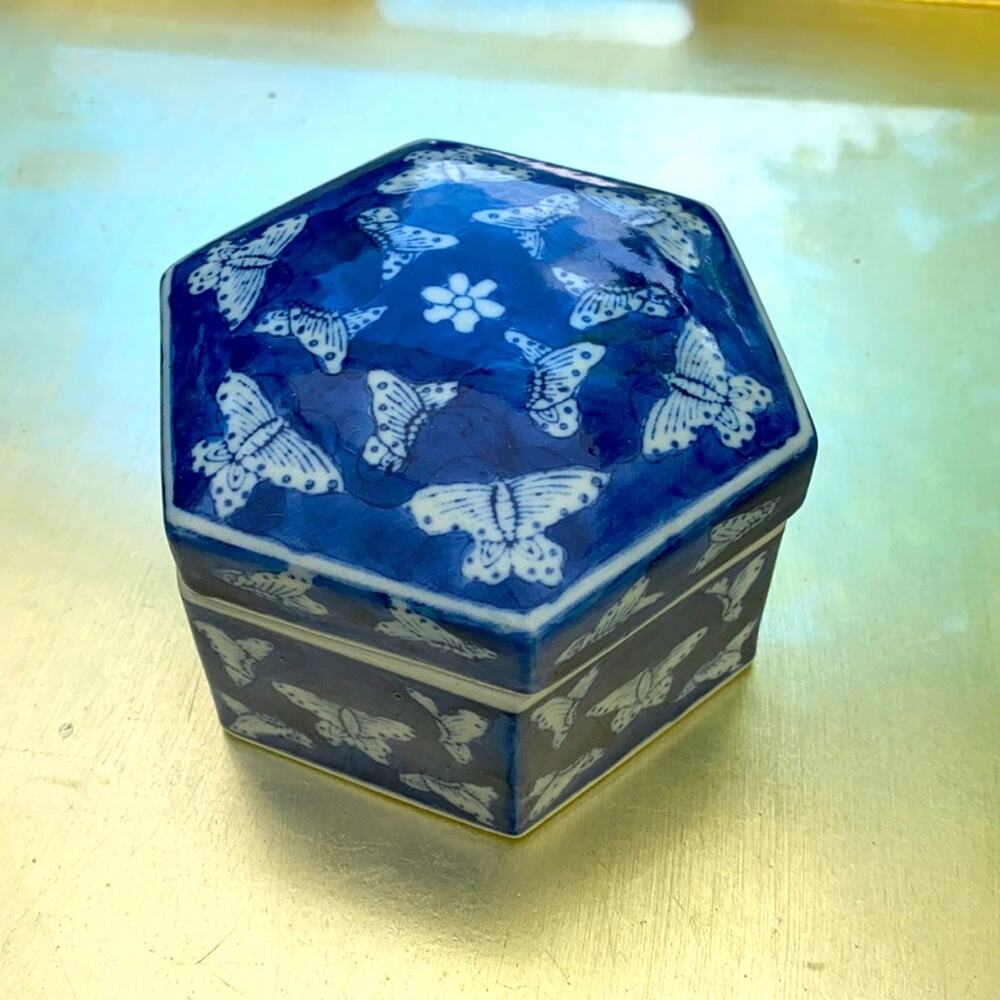 Navy Blue Butterfly Motif Porcelain Hexagon‎ Box